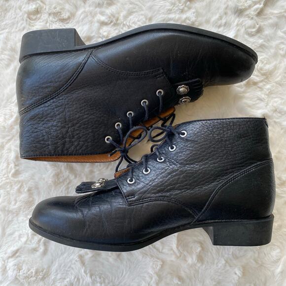 ARIAT Women’s Kiltie Ankle Boots Size 10 Western Black Leather Fringe Lace Up - Picture 1 of 15